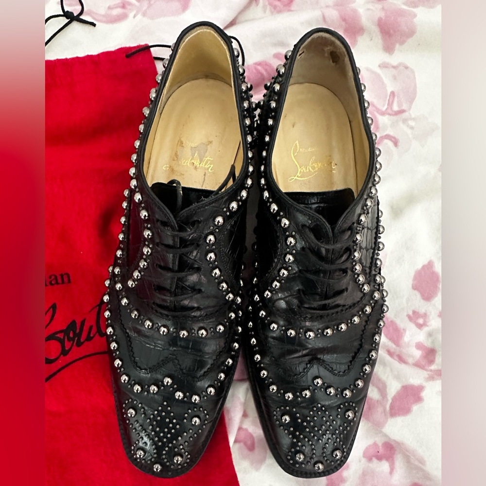 Christian Louboutin Black croc embossed leather and Silver Studded Oxfords - Picture 4 of 9